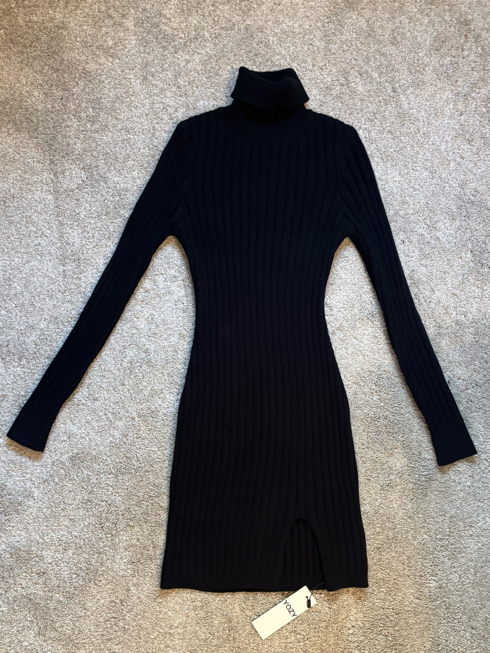 Black Ribbed Turtleneck Long-Sleeve Bodycon Sweater Dress
